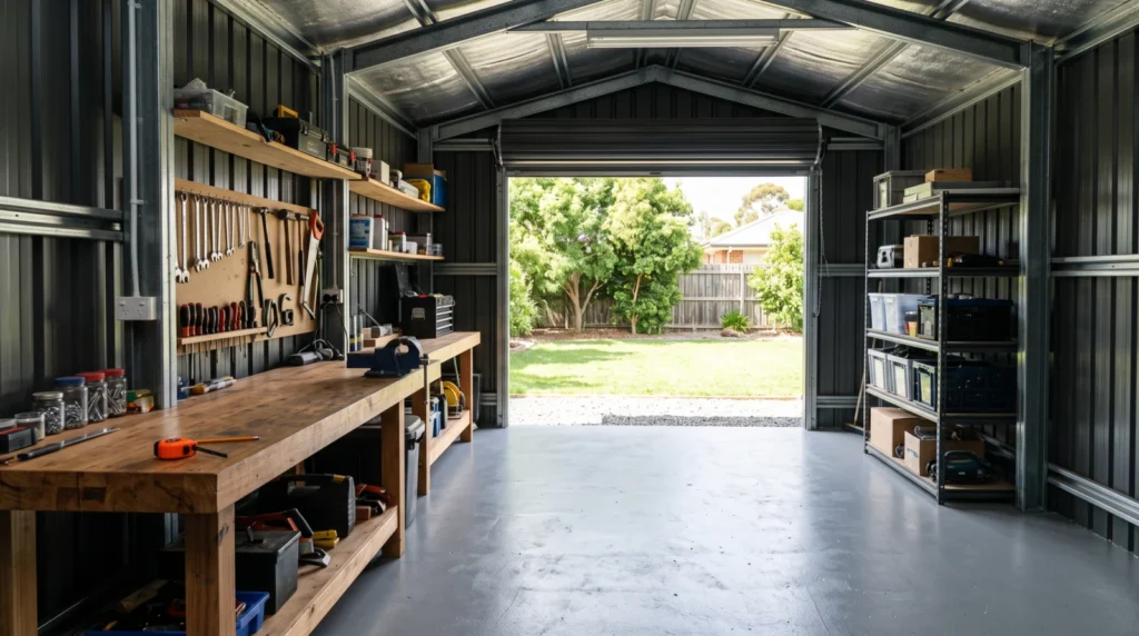 Residential backyard shed workshop with a coated mid-grey concrete floor