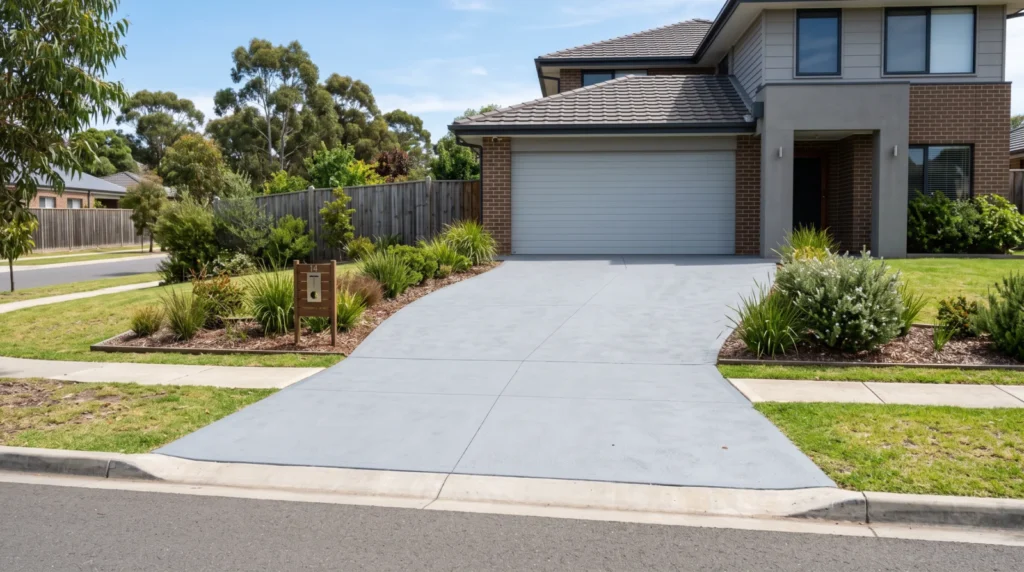 Coated residential concrete driveway leading up to a suburban double garage