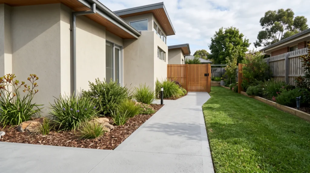 Coated residential concrete pathway running alongside an Australian home