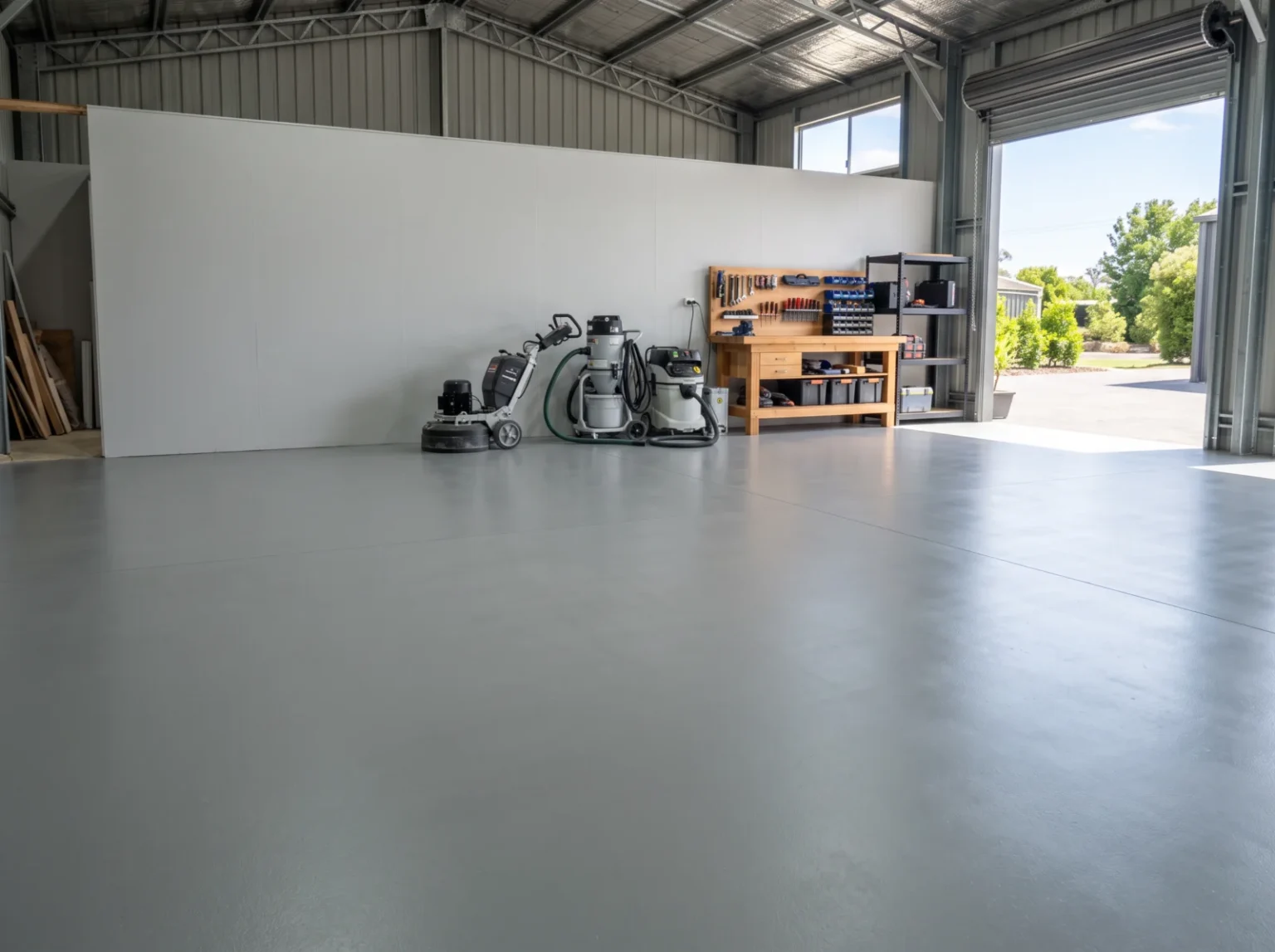 Finished mid-grey coated concrete floor in a multi-use Australian workshop, with floor preparation equipment parked at the rear