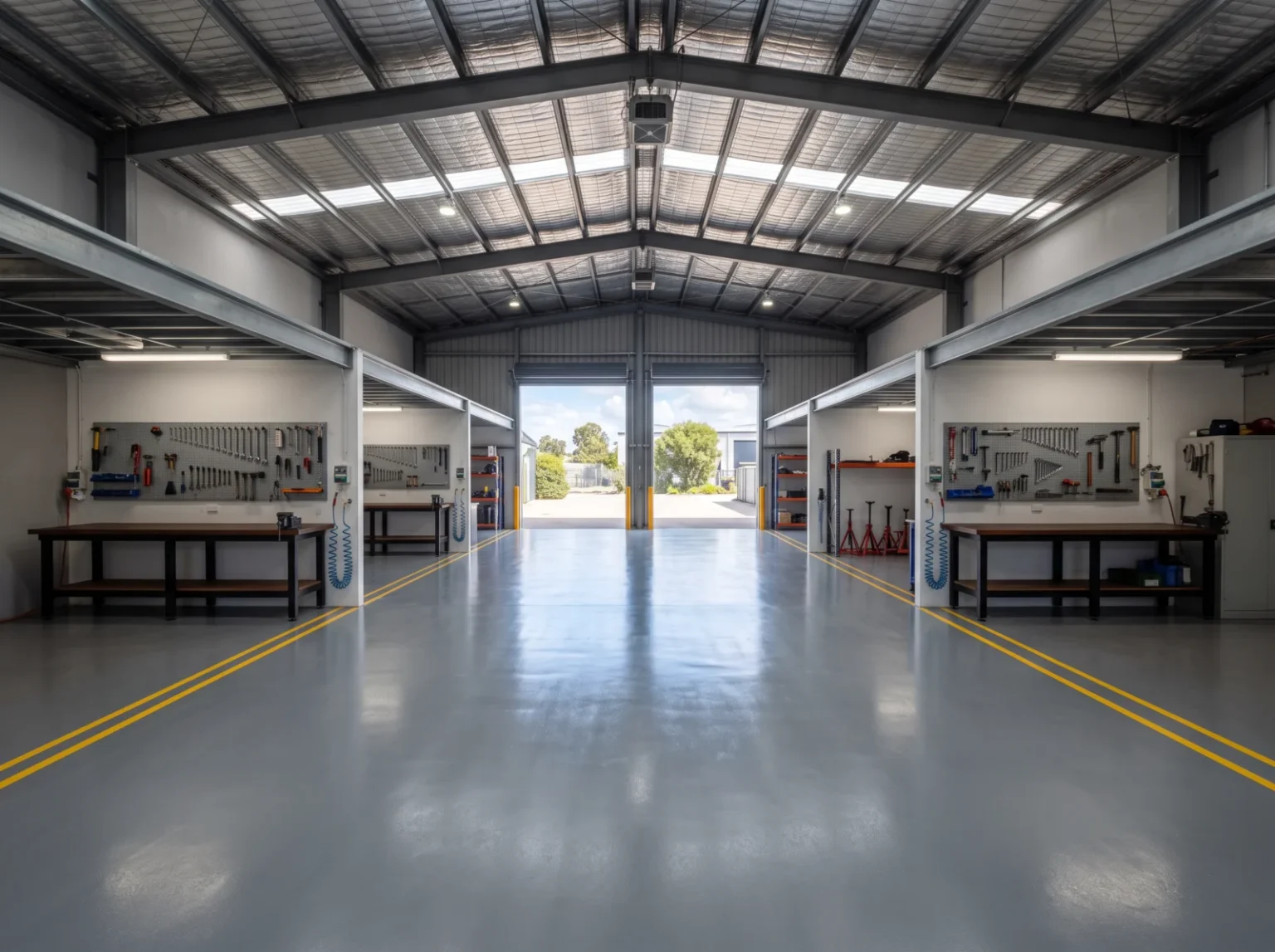 Coated mid-grey concrete floor running the length of a tidy Australian commercial workshop