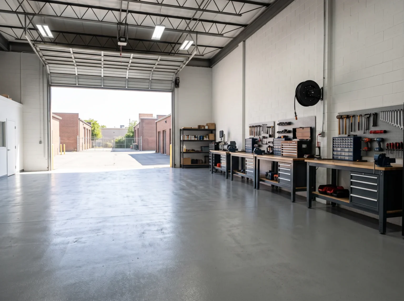 Commercial workshop with a mid grey coated concrete floor and tidy workbenches