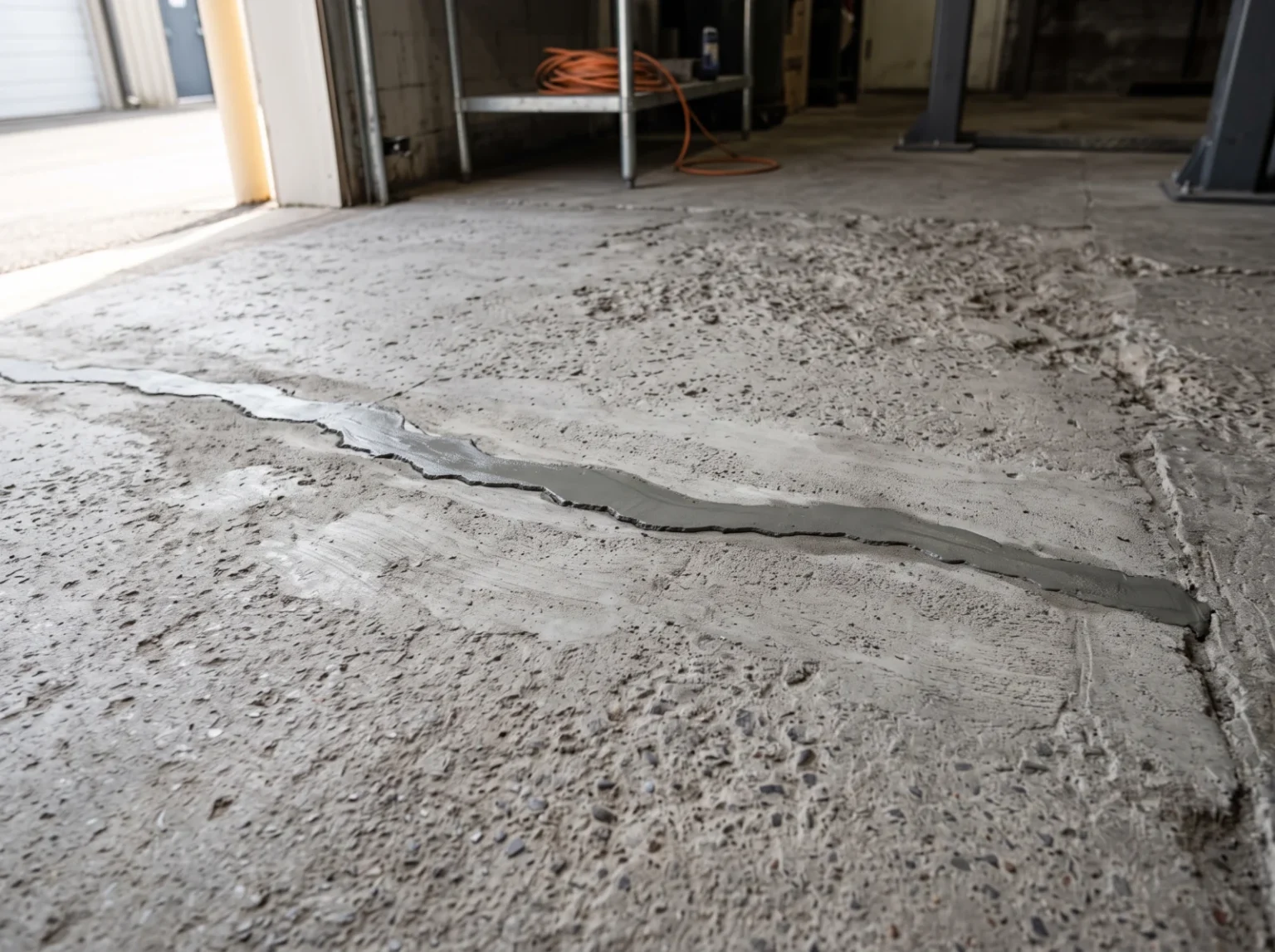 Concrete slab crack chased out and filled with repair compound before coating