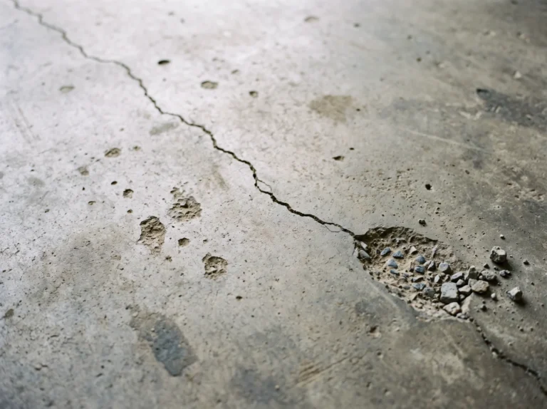 Close-up of a concrete floor with a crack, surface pitting and a spalled patch of exposed aggregate