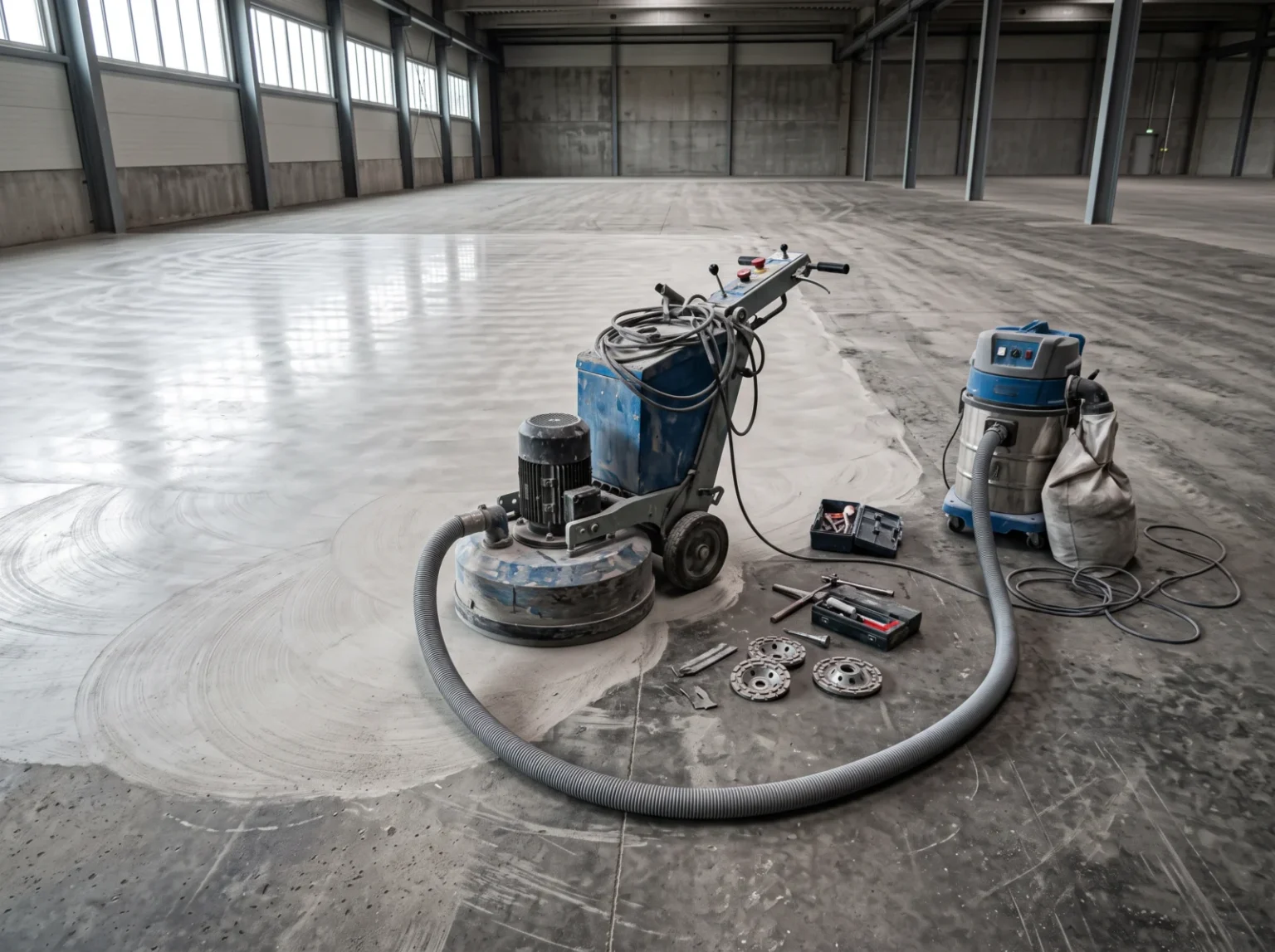 Walk-behind concrete grinder with dust extraction parked on a partly prepared concrete floor