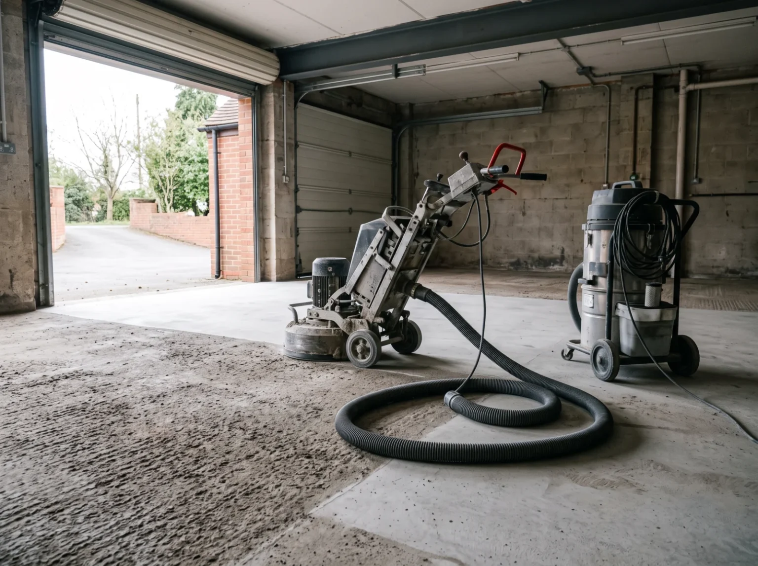 Walk-behind concrete grinder connected to a dust extraction vacuum on a partly ground slab