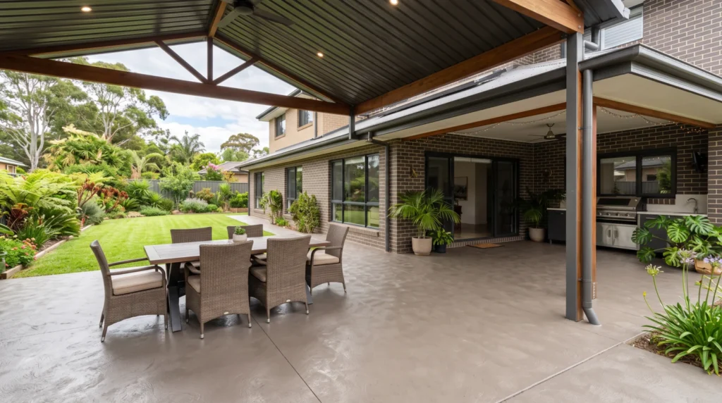 Covered Australian residential patio with a coated neutral grey concrete floor