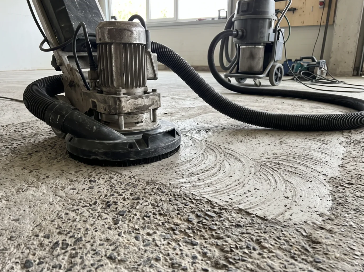 Diamond grinding head and dust shroud on concrete with the extraction hose running to a vacuum unit