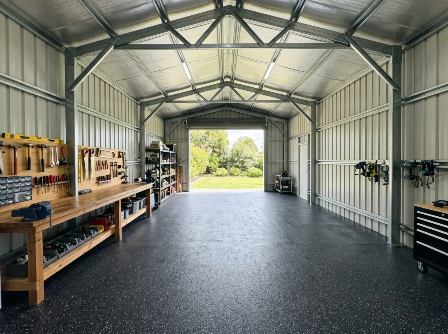 Large Australian domestic shed workshop with a dark charcoal flake coated concrete floor
