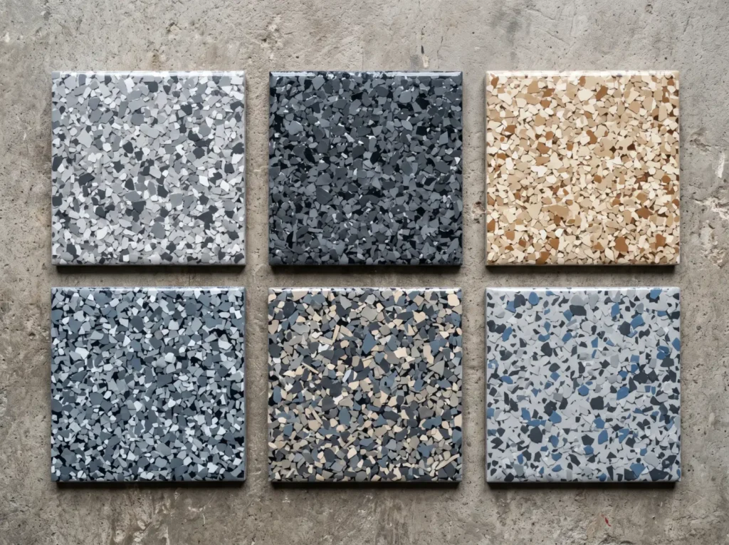 Epoxy flake sample boards in several colour blends laid out on bare concrete
