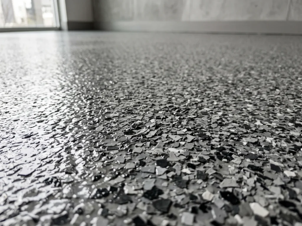 Close-up of a grey and charcoal epoxy flake floor coating with a gloss topcoat