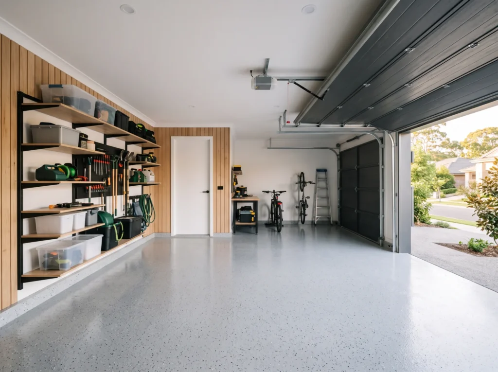 Home garage with a light grey flake epoxy floor and storage shelving