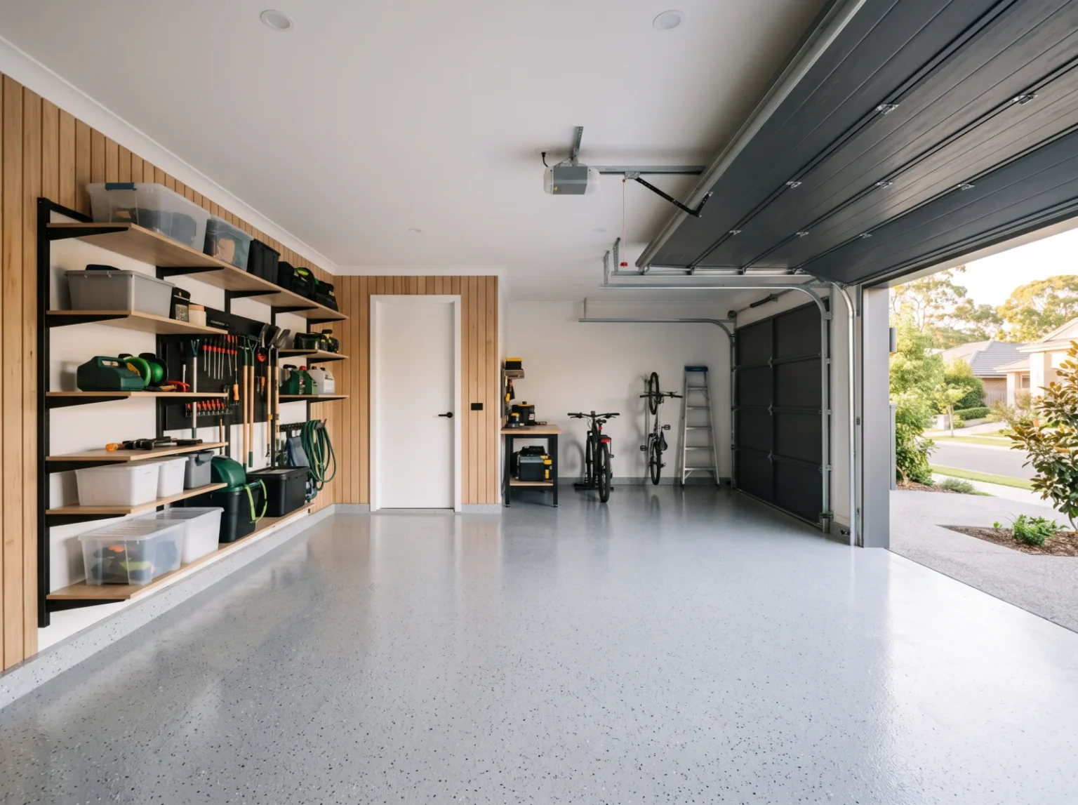 Home garage with a light grey flake epoxy floor and storage shelving
