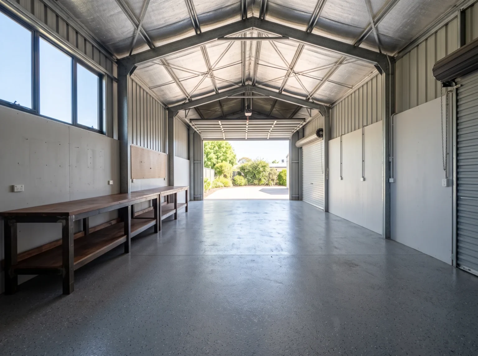 Large Australian residential garage and home workspace with a coated mid-grey flake concrete floor