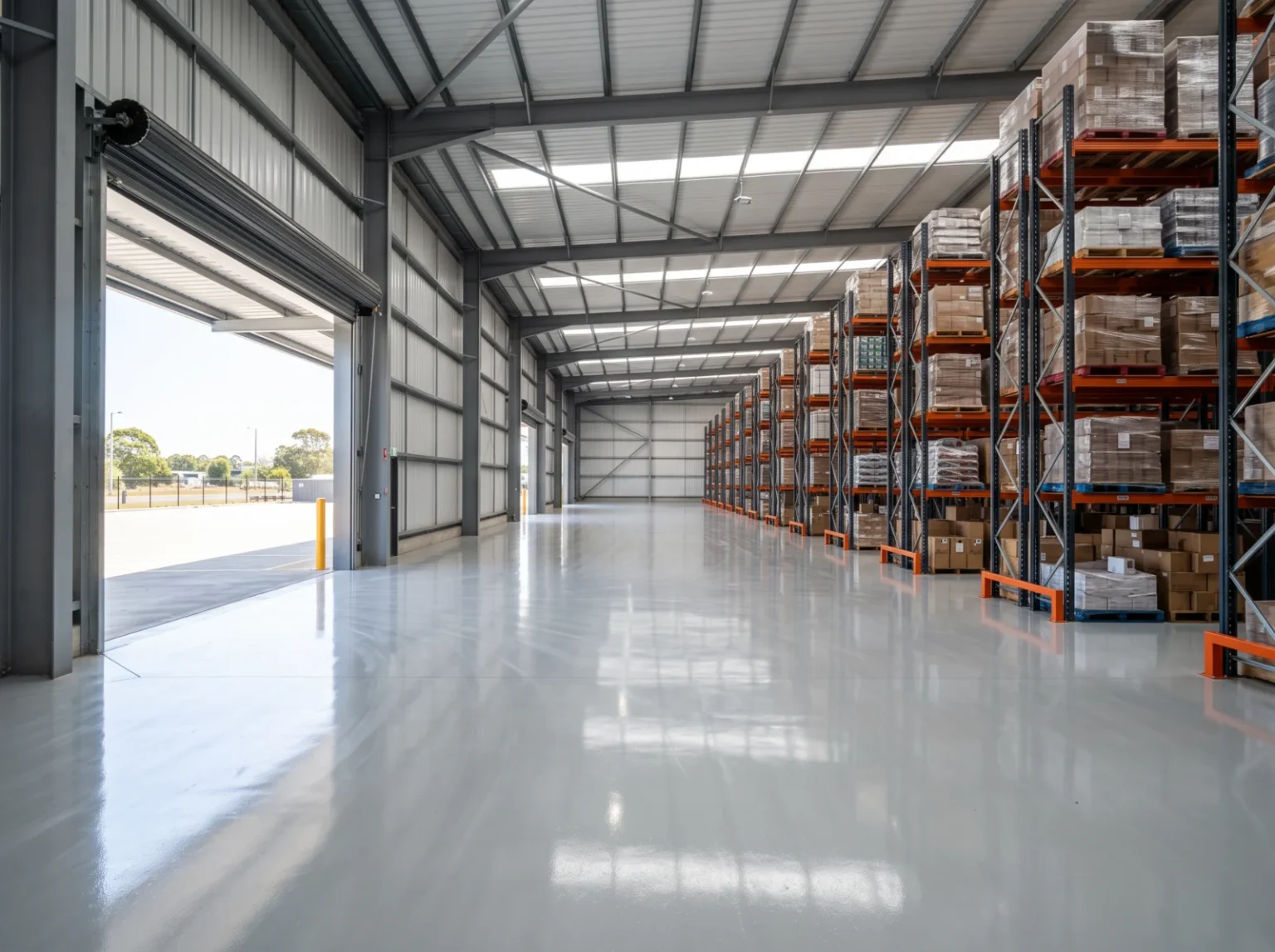 Light grey epoxy coated concrete floor in a clean warehouse with steel racking