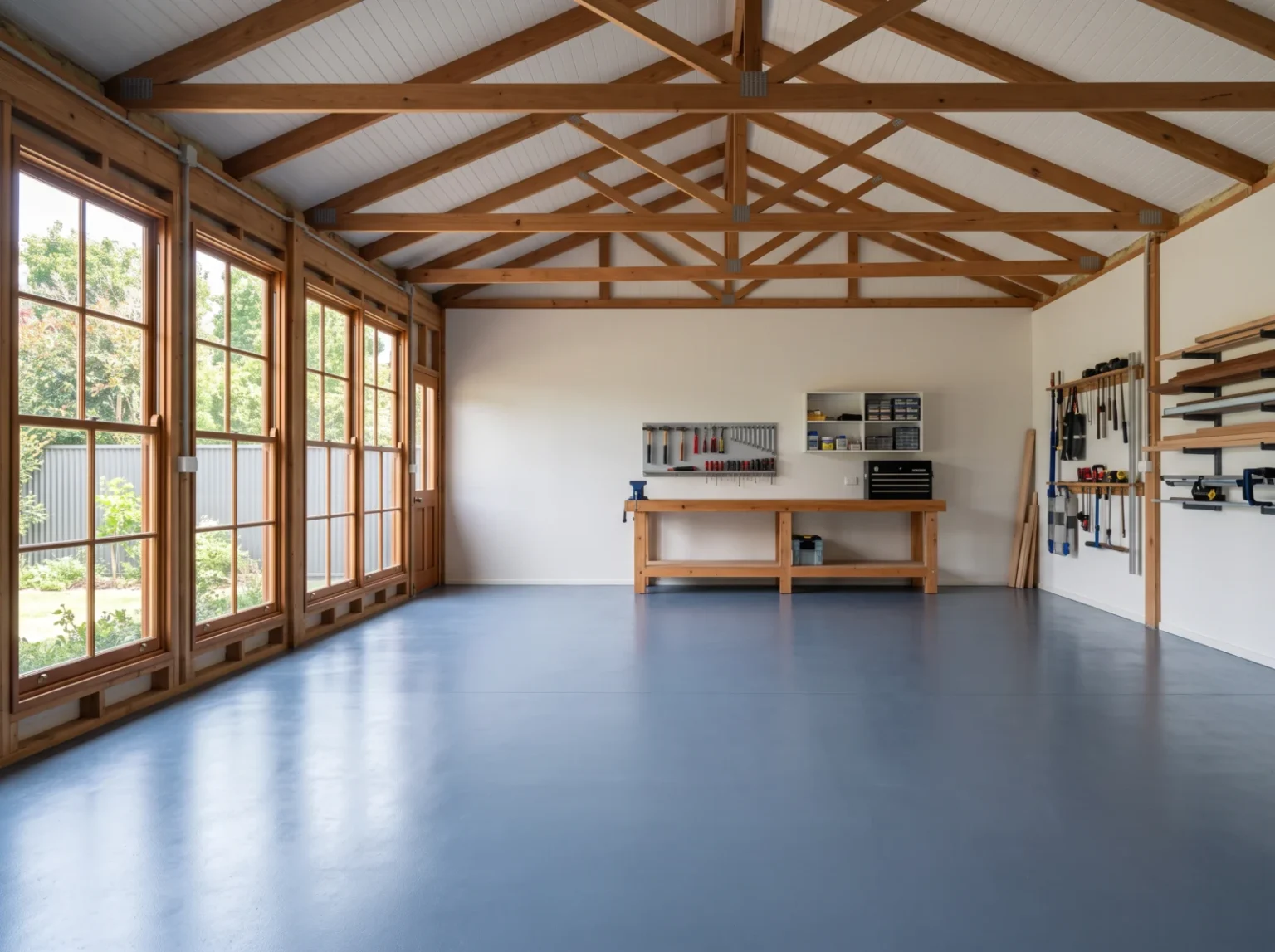Australian residential workshop in an oversized garage with a blue-grey solid colour coated floor