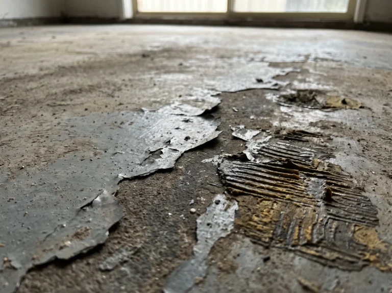 Peeling grey floor coating and trowel-marked adhesive residue on an existing concrete slab