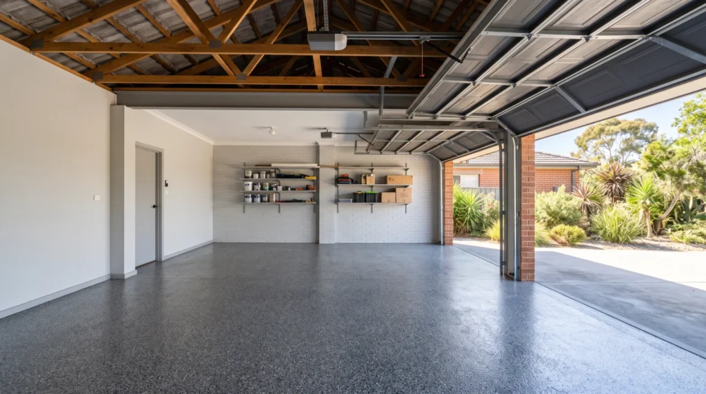 Australian residential double garage with a charcoal and grey flake coated concrete floor