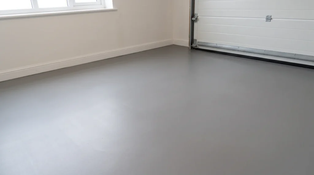 Residential garage floor in a solid uniform mid-grey concrete coating