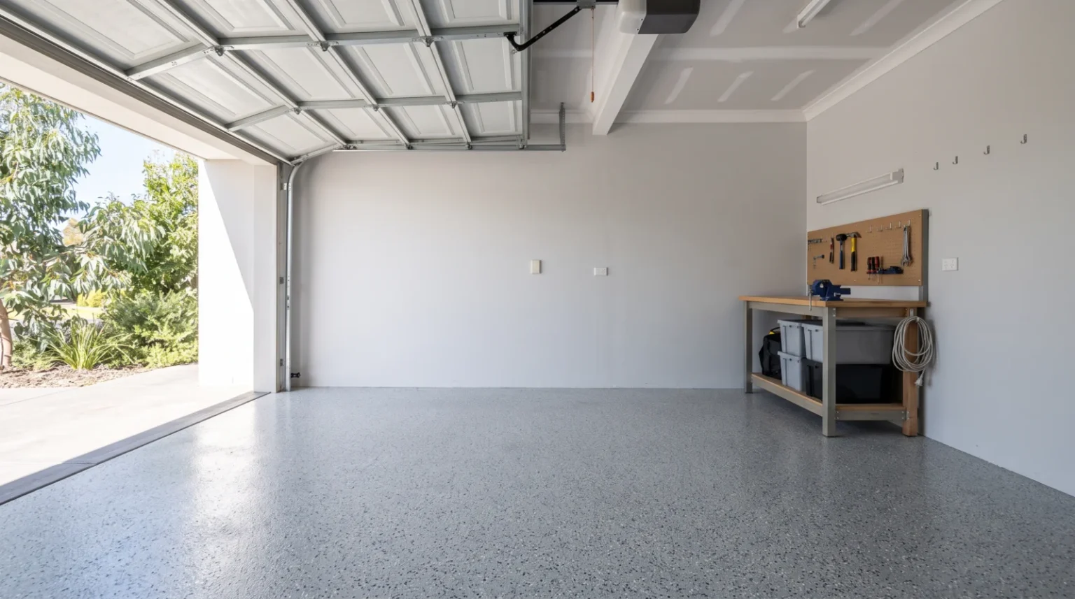 Tidy Australian residential single-car garage with a light grey flake coated concrete floor