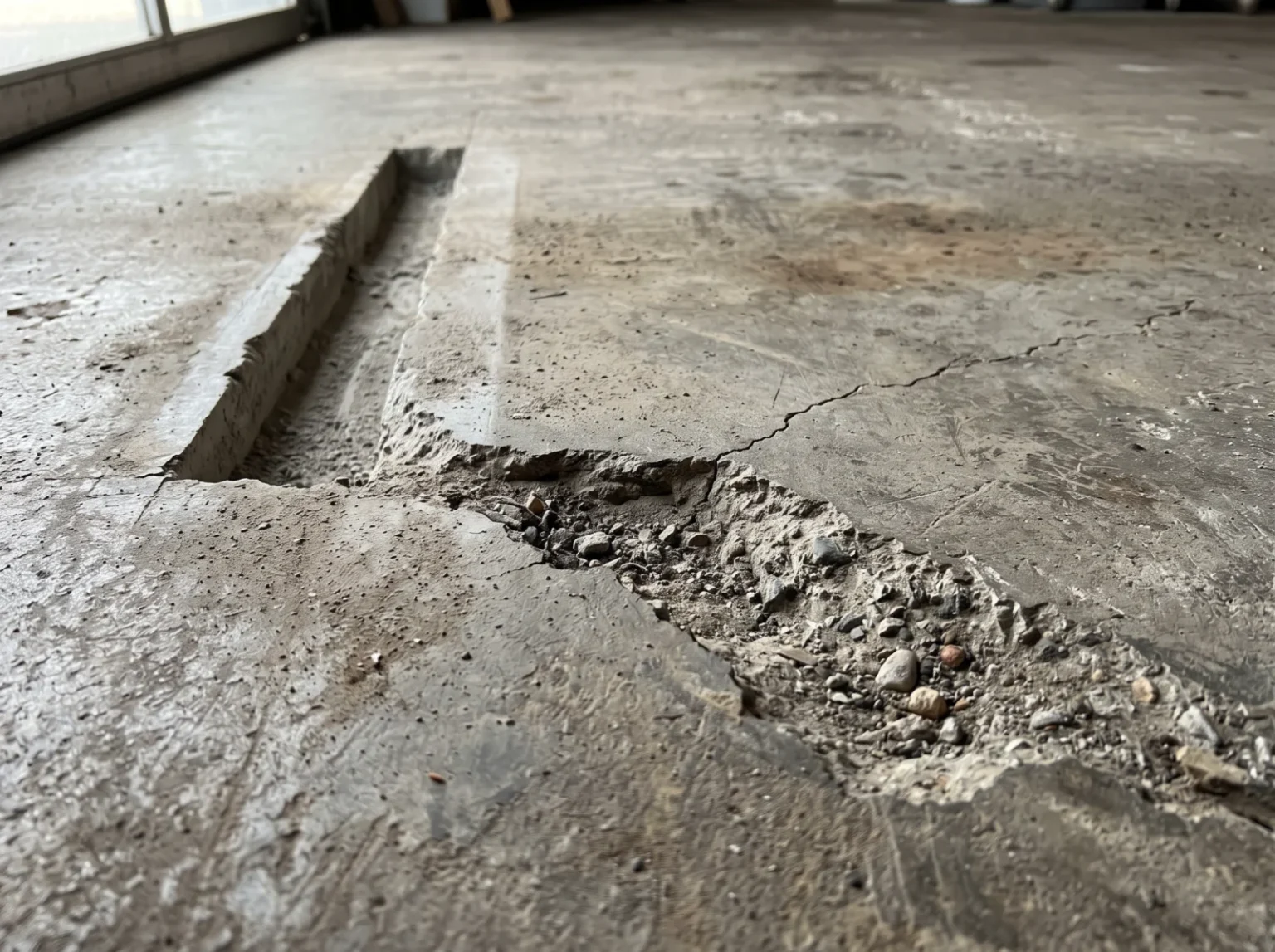 Spalled edge and hairline crack in a worn concrete floor, with one section chased out ready for repair