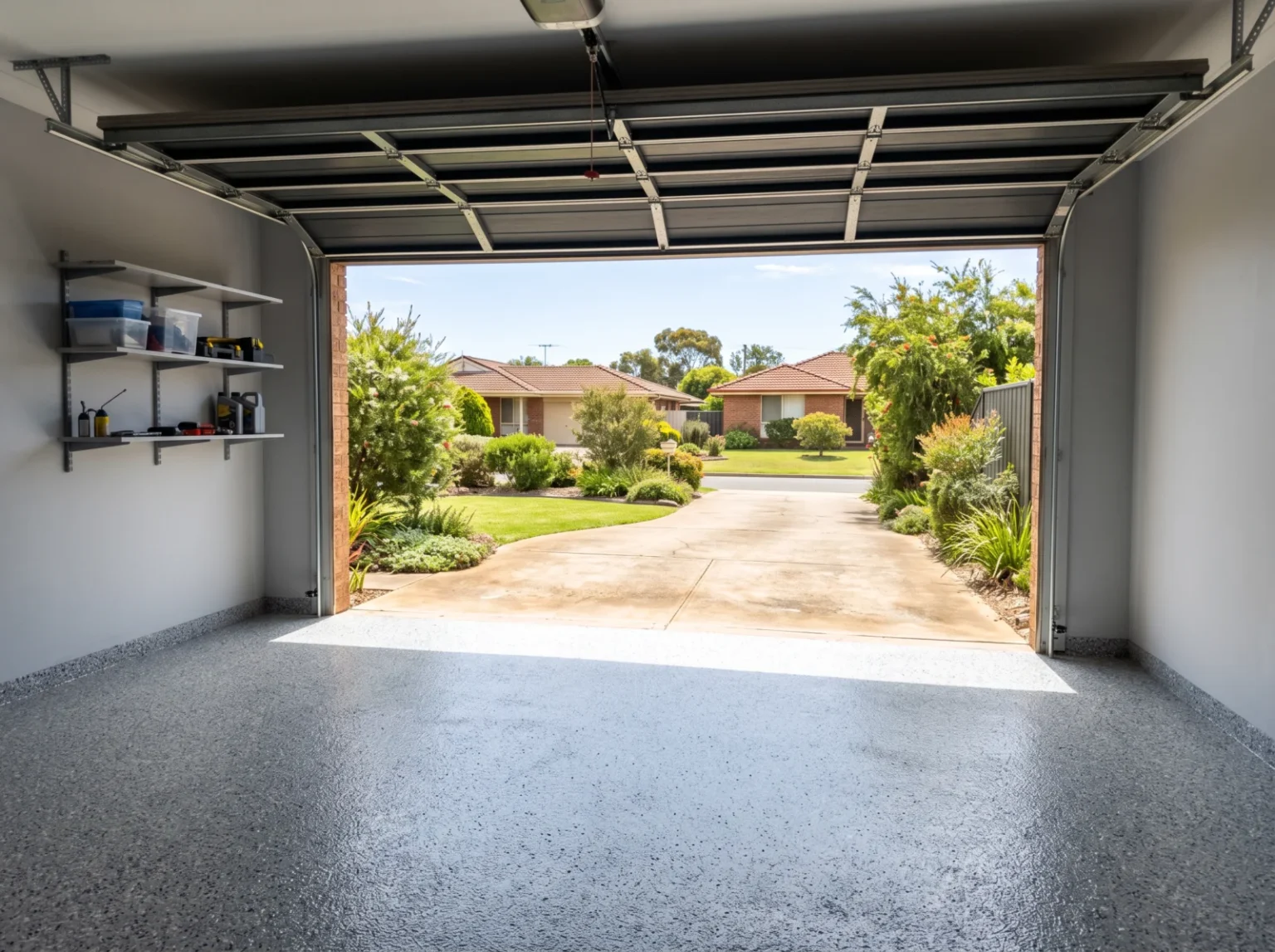 Australian suburban garage with a light silver-grey flake floor, seen from inside looking out to a sunlit driveway