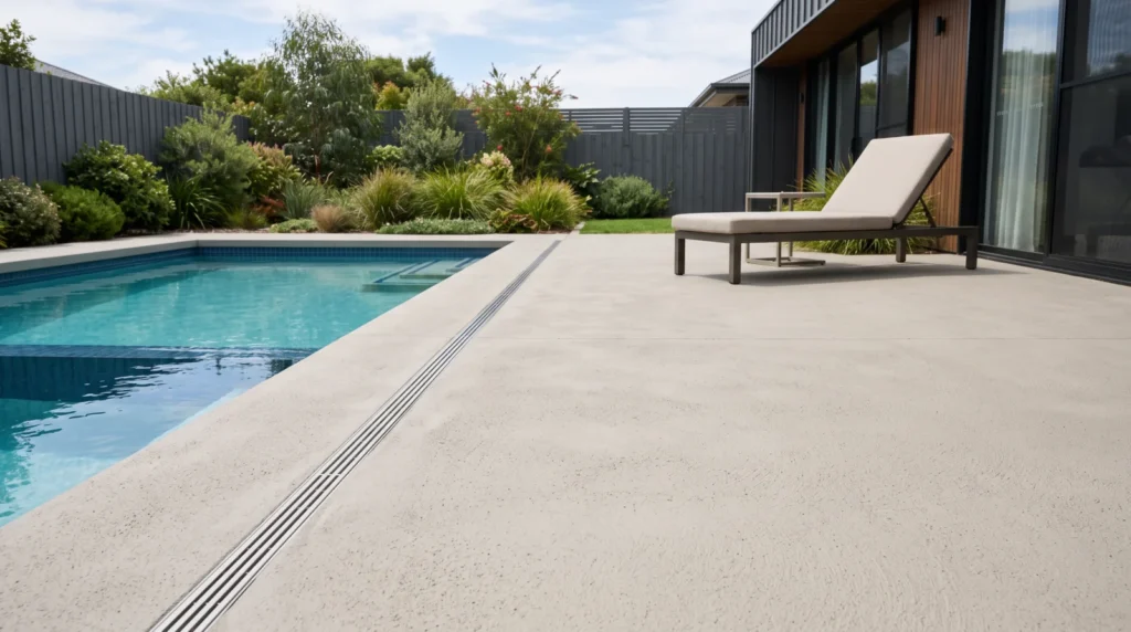 Textured concrete pool surround at an Australian home, dry matte finish